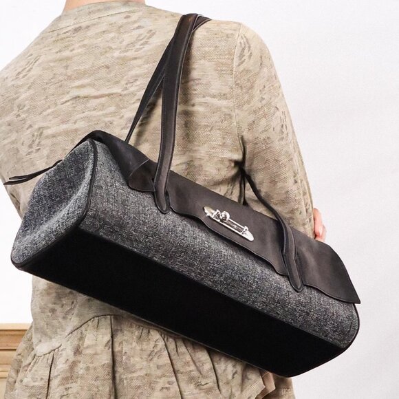 Structured Shoulder Bag – Genuine Leather & Fabric Tote...